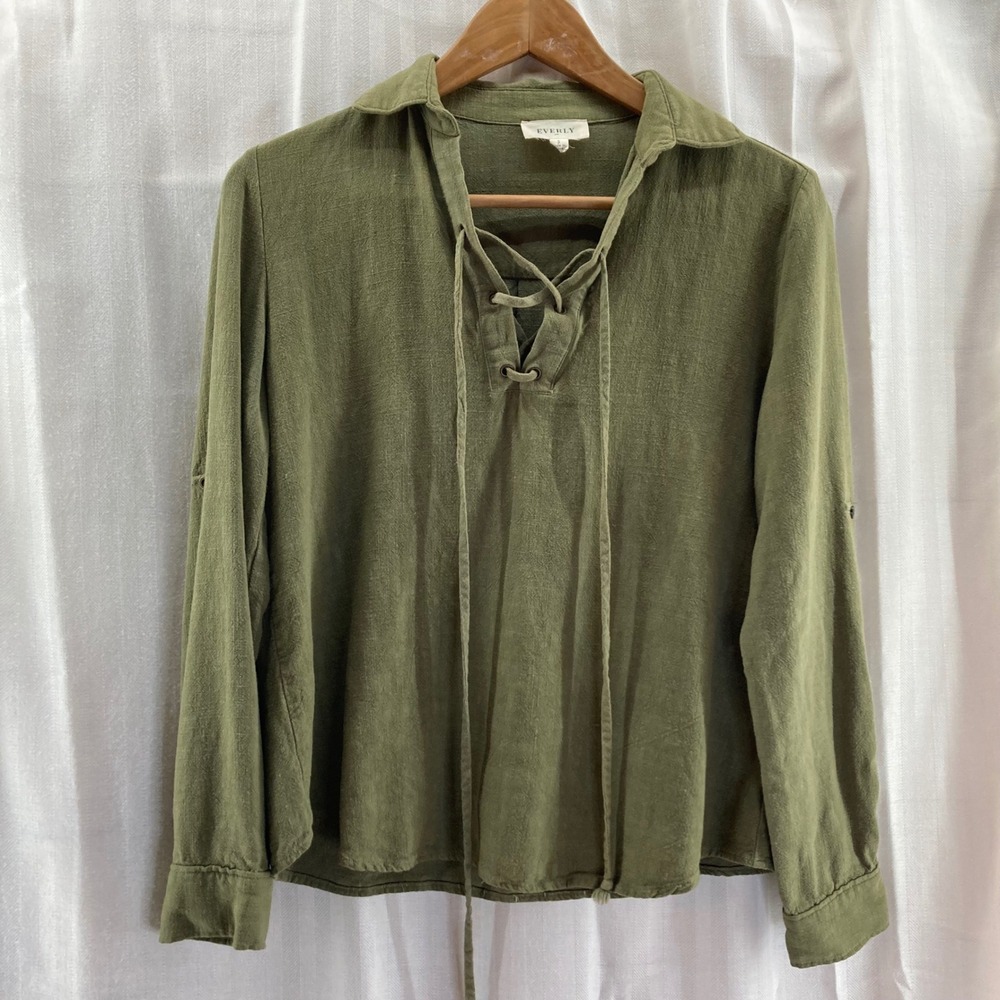 Everly Olive Green Lace Up Long Sleeve Top Casual Shirt Women's